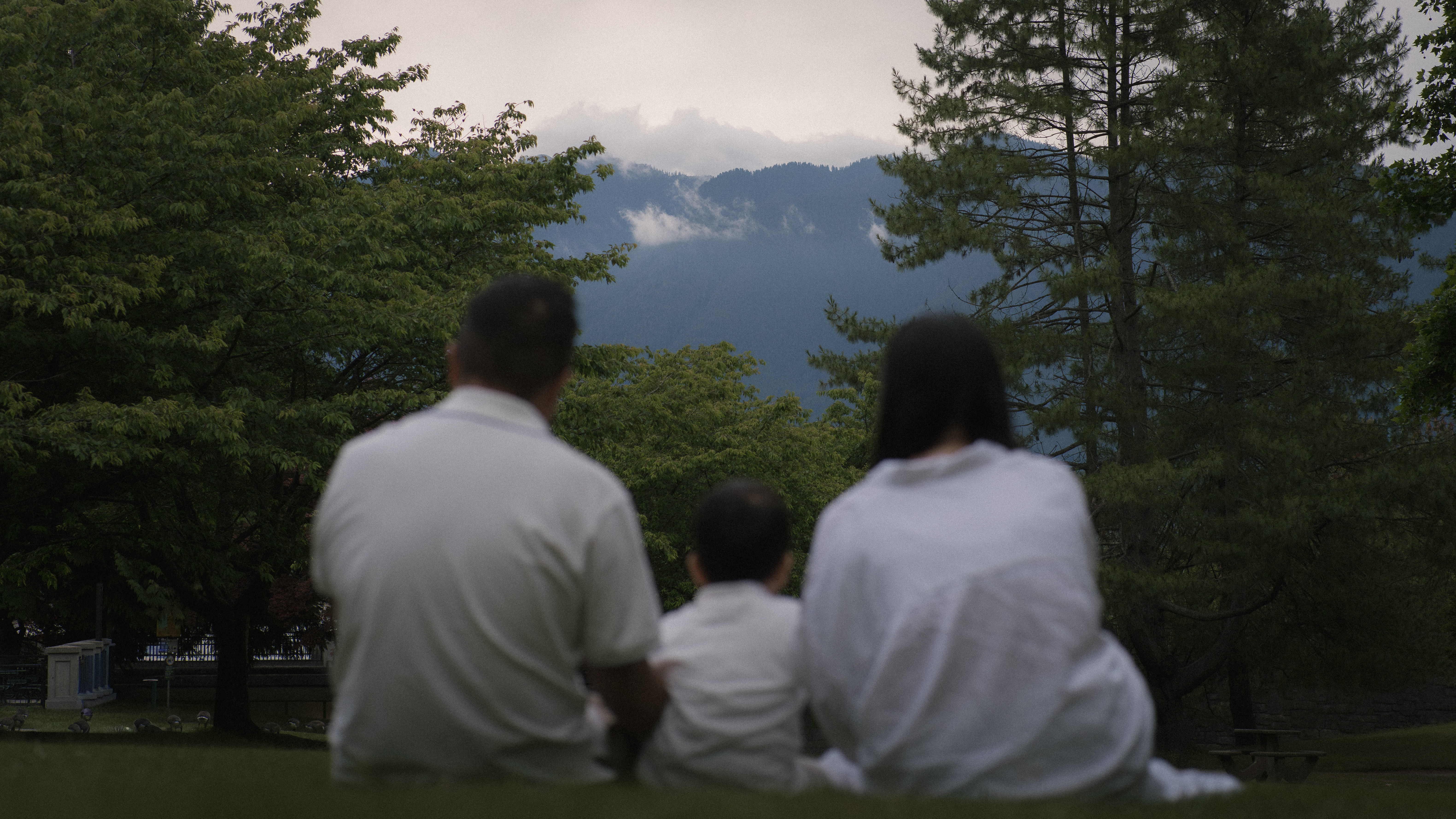 A family sitting together beneath the trees with the mountains beyond